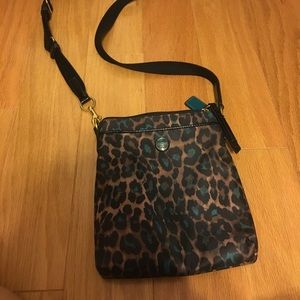 Black and teal leopard Coach crossbody